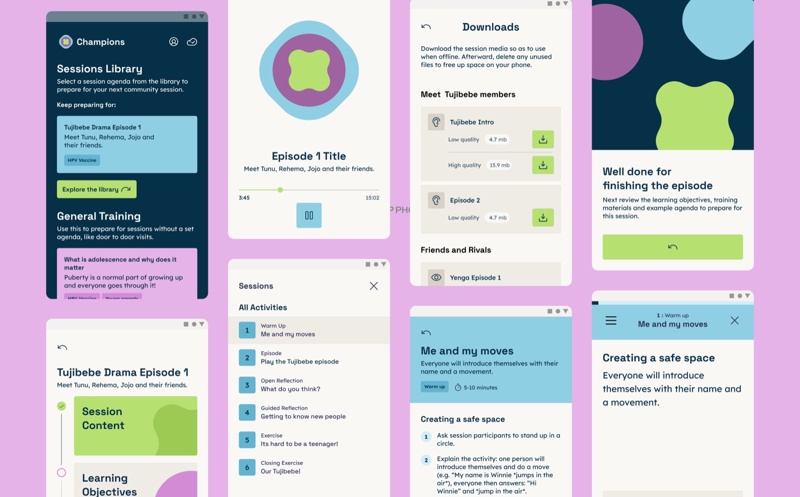A collage of Champions app screens on a mauve panel: Sessions Library, an episode audio player, Downloads, a session-complete screen, session content and activity lists, and a &lsquo;Creating a safe space&rsquo; activity.