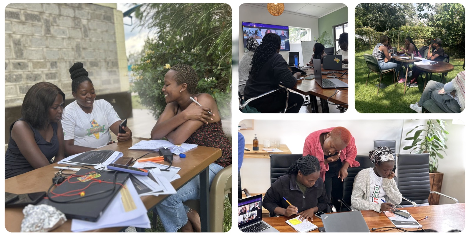 Four photographs from the Kenya workshops: three women reviewing notes and a phone at an outdoor table, the Here I Am team joining by video call on a screen in the room, a group seated around a table on the grass, and a facilitator working through a worksheet with two seated co-creators.