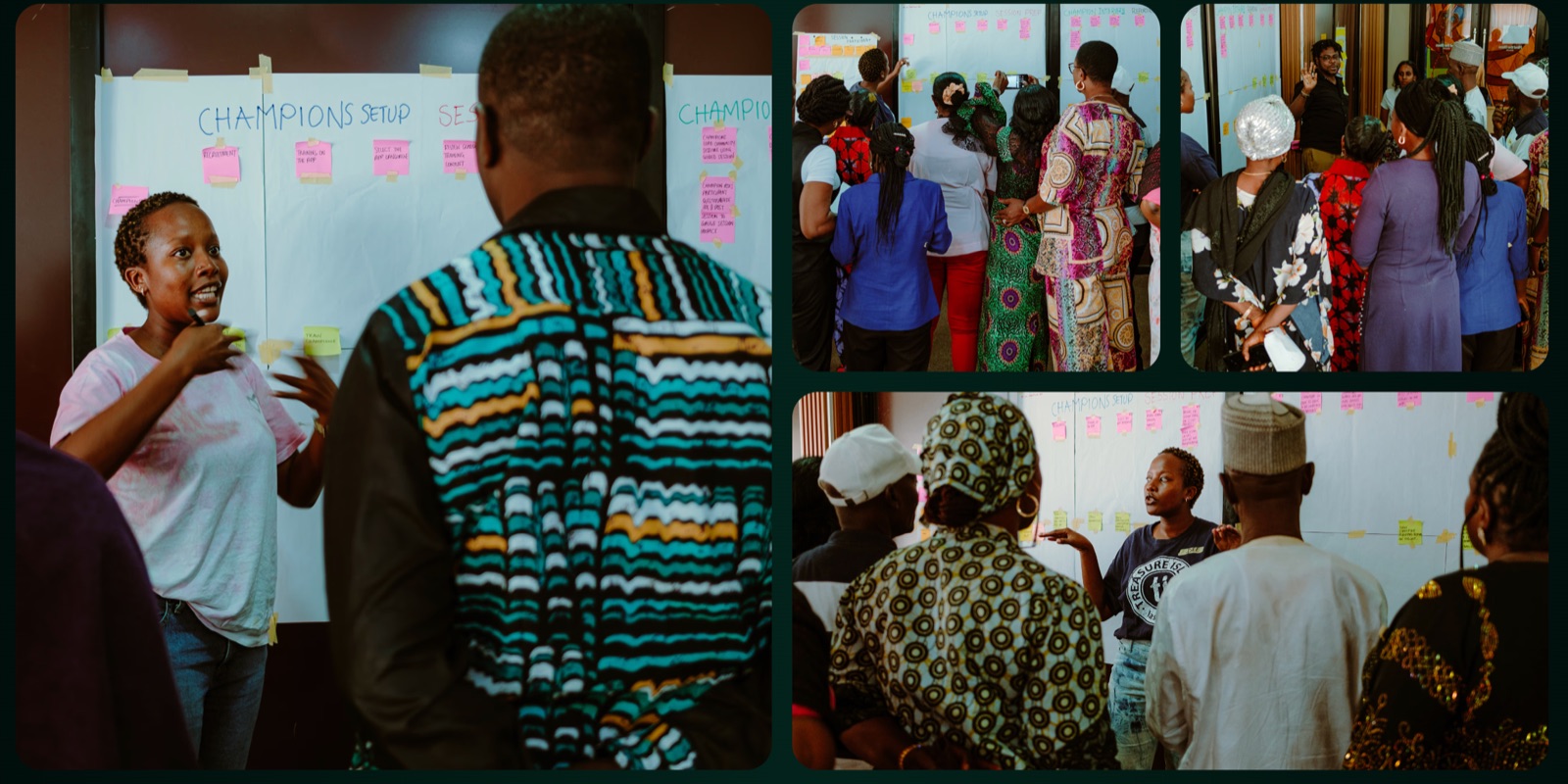 Four photographs from the Abuja workshops: a facilitator in conversation beside a &lsquo;Champions Setup&rsquo; sticky-note wall, two groups gathered at the wall adding notes, and a facilitator explaining to a seated group in front of the wall.