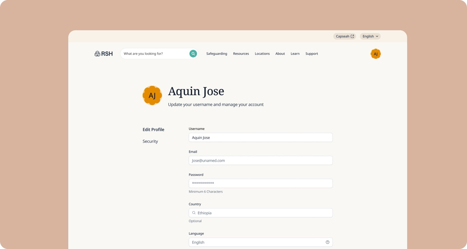 The RSH account page: an &lsquo;Edit Profile&rsquo; tab selected beside Security, with fields for username, email, password, country and language, and an avatar reading &lsquo;AJ&rsquo; for the signed-in user.