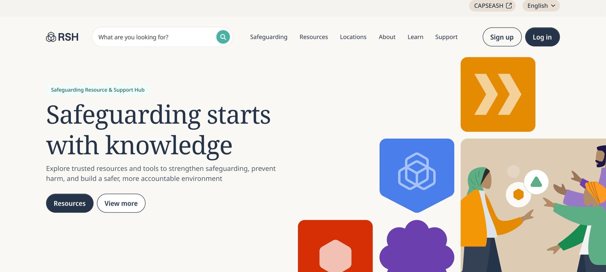 The redesigned RSH homepage: a search-led hero reading &lsquo;Safeguarding starts with knowledge&rsquo; with Resources and View more buttons, a navigation of Safeguarding, Resources, Locations, Learn, Support and About, a language switcher, and an illustration of people at a whiteboard among the brand&rsquo;s geometric shapes.