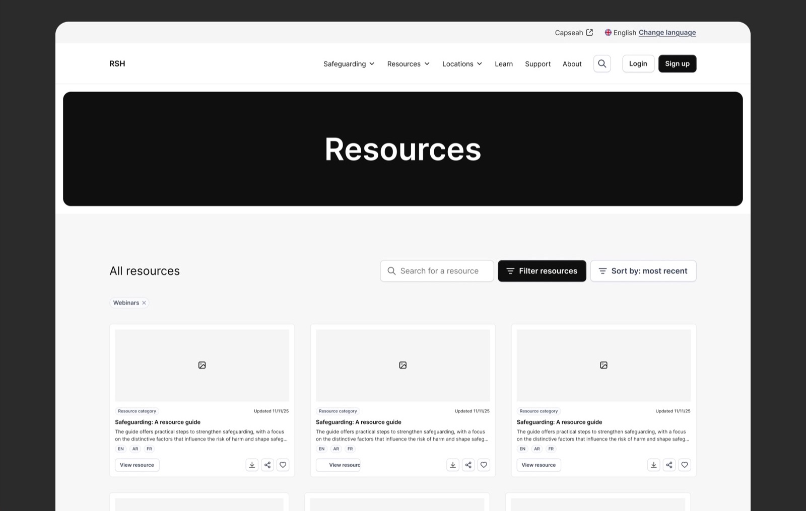 The redesigned RSH resources listing page: a &lsquo;Resources&rsquo; banner, a search field, Filter resources and Sort-by controls, an active &lsquo;Webinars&rsquo; filter, and a grid of resource cards each showing a category, an update date, a summary, EN, AR and FR language tags and a View resource action.