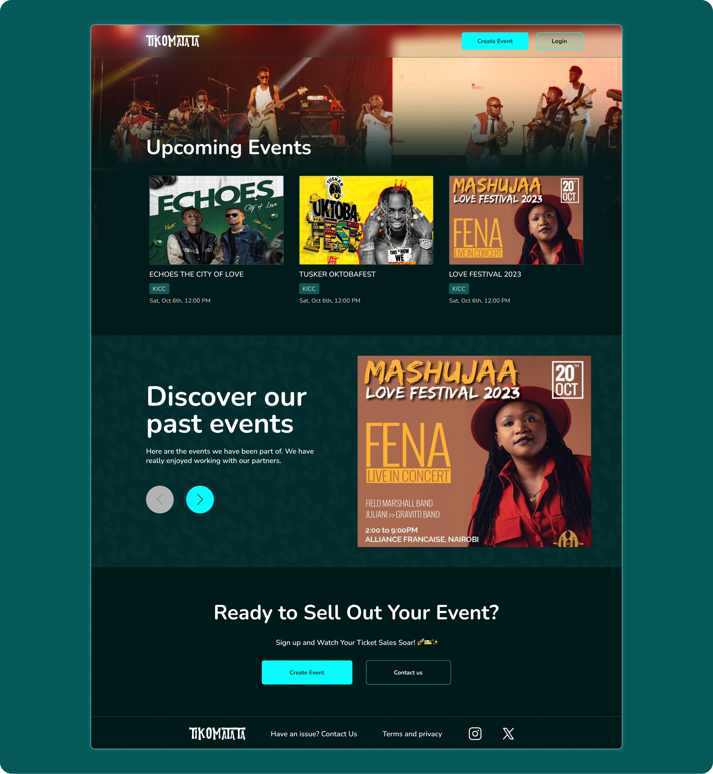 Tikomatata desktop site: the events discovery homepage, event detail, ticket selection, M-Pesa checkout, and payment confirmation.