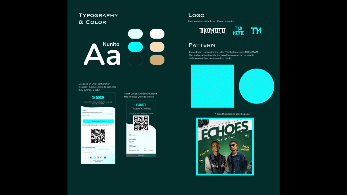 The Tikomatata brand system on a dark teal ground: logo variations, the Nunito type specimen and a four-swatch colour palette.