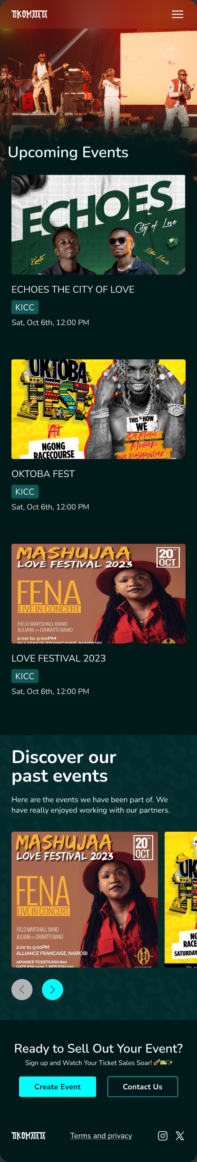 Tikomatata mobile home feed: a live-music hero photo above an &lsquo;Upcoming Events&rsquo; list with the Echoes and Oktobafest posters.