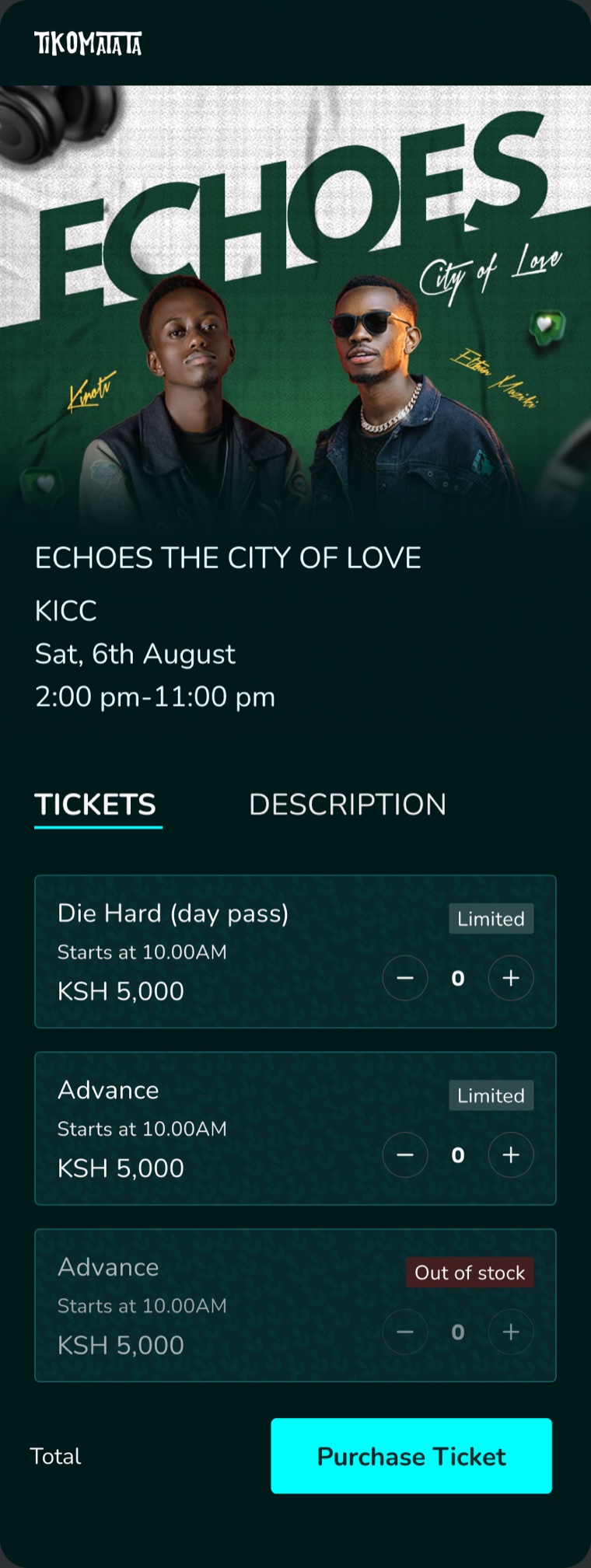 Tikomatata mobile event detail for Echoes The City of Love, Tickets tab: a ticket list with quantity steppers.