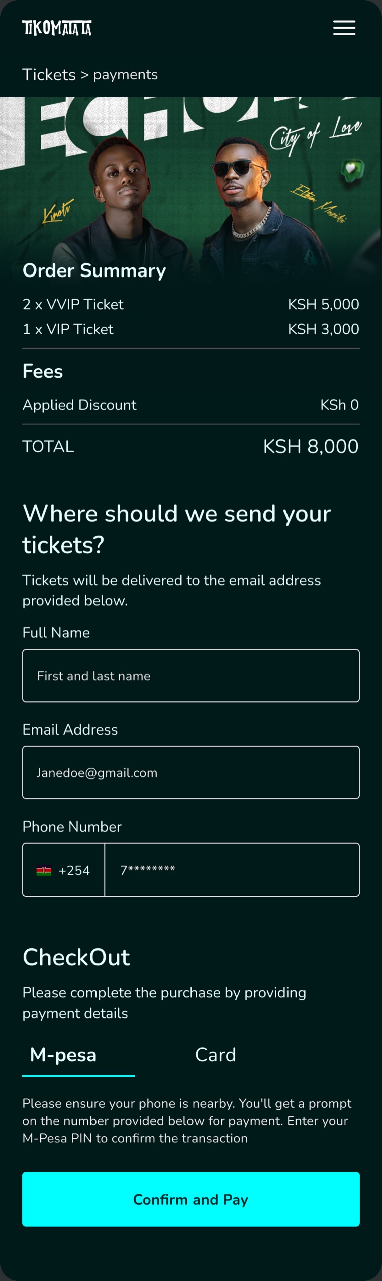 Tikomatata mobile checkout: contact details form and an M-Pesa payment tab with a &lsquo;Confirm and Pay&rsquo; button.