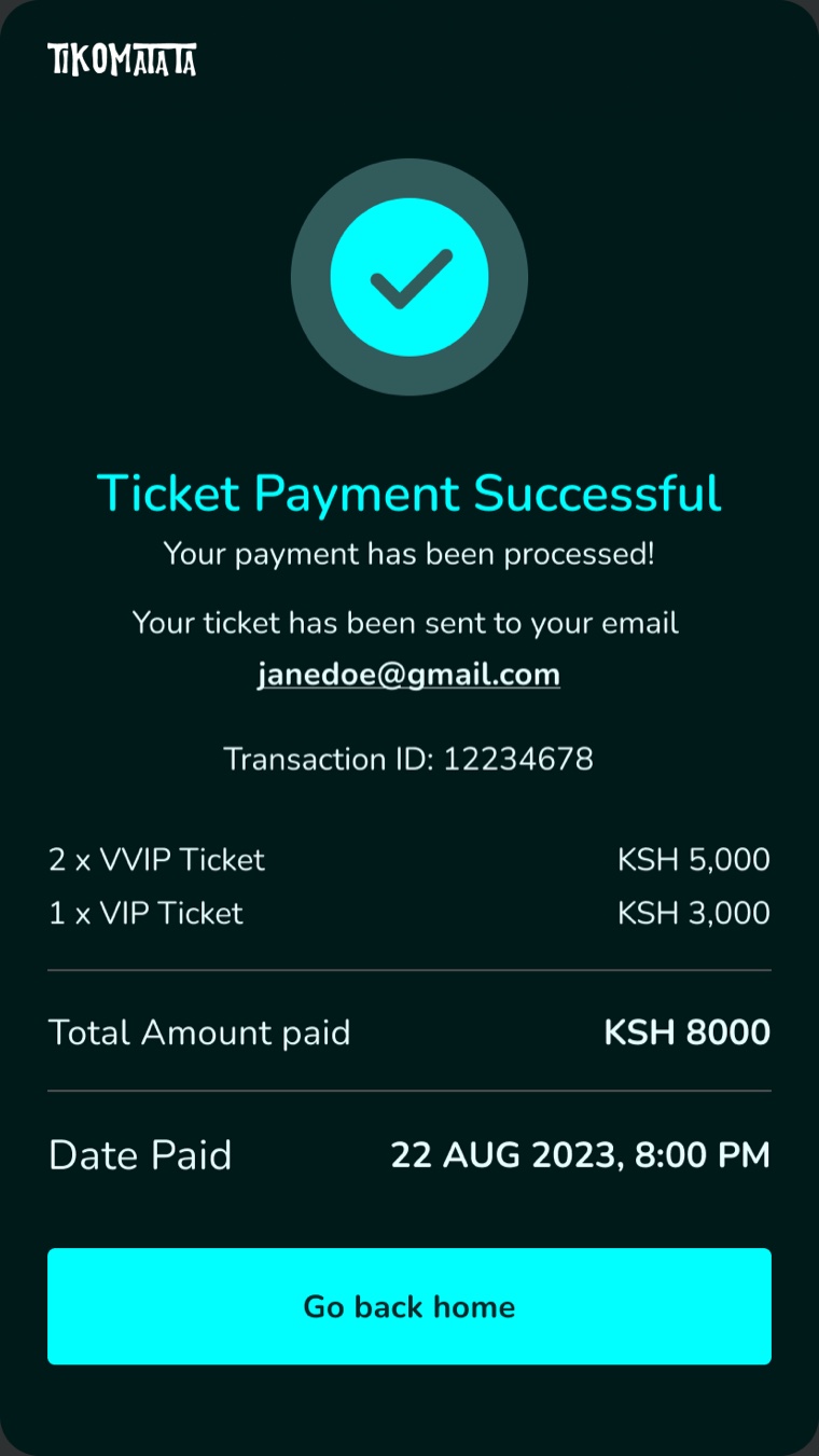 Tikomatata mobile confirmation: a &lsquo;Ticket Payment Successful&rsquo; screen with the transaction ID, ticket breakdown and total paid.