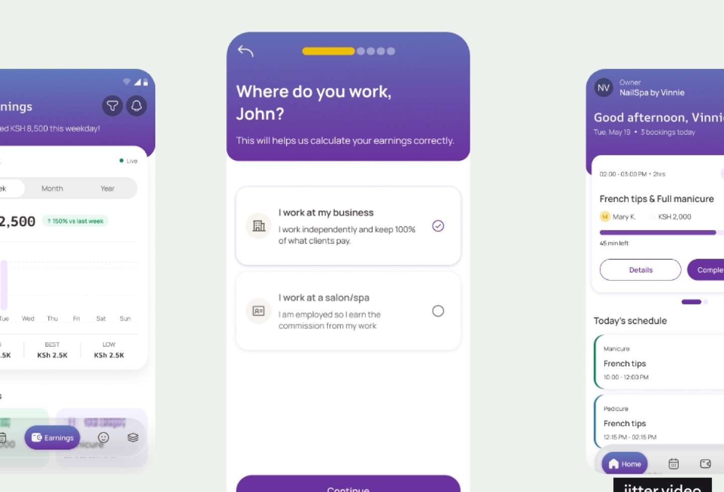 Three YONA app screens on a pale green panel: an Earnings summary, an onboarding step asking where you work, and the owner home dashboard with the day&rsquo;s schedule.