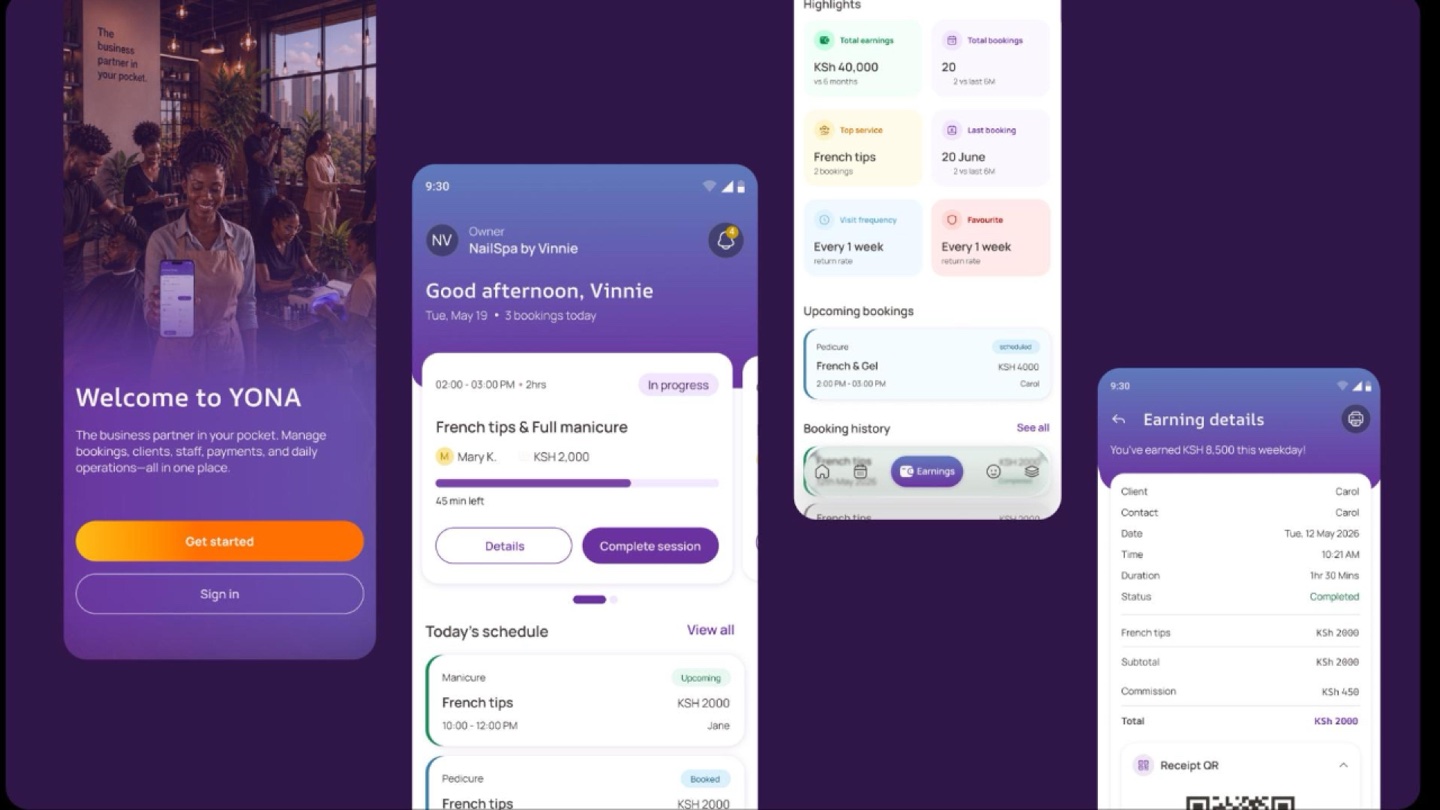 Four YONA screens on a purple ground: the Welcome onboarding screen, the owner home dashboard, a client Highlights panel, and an Earning details receipt.