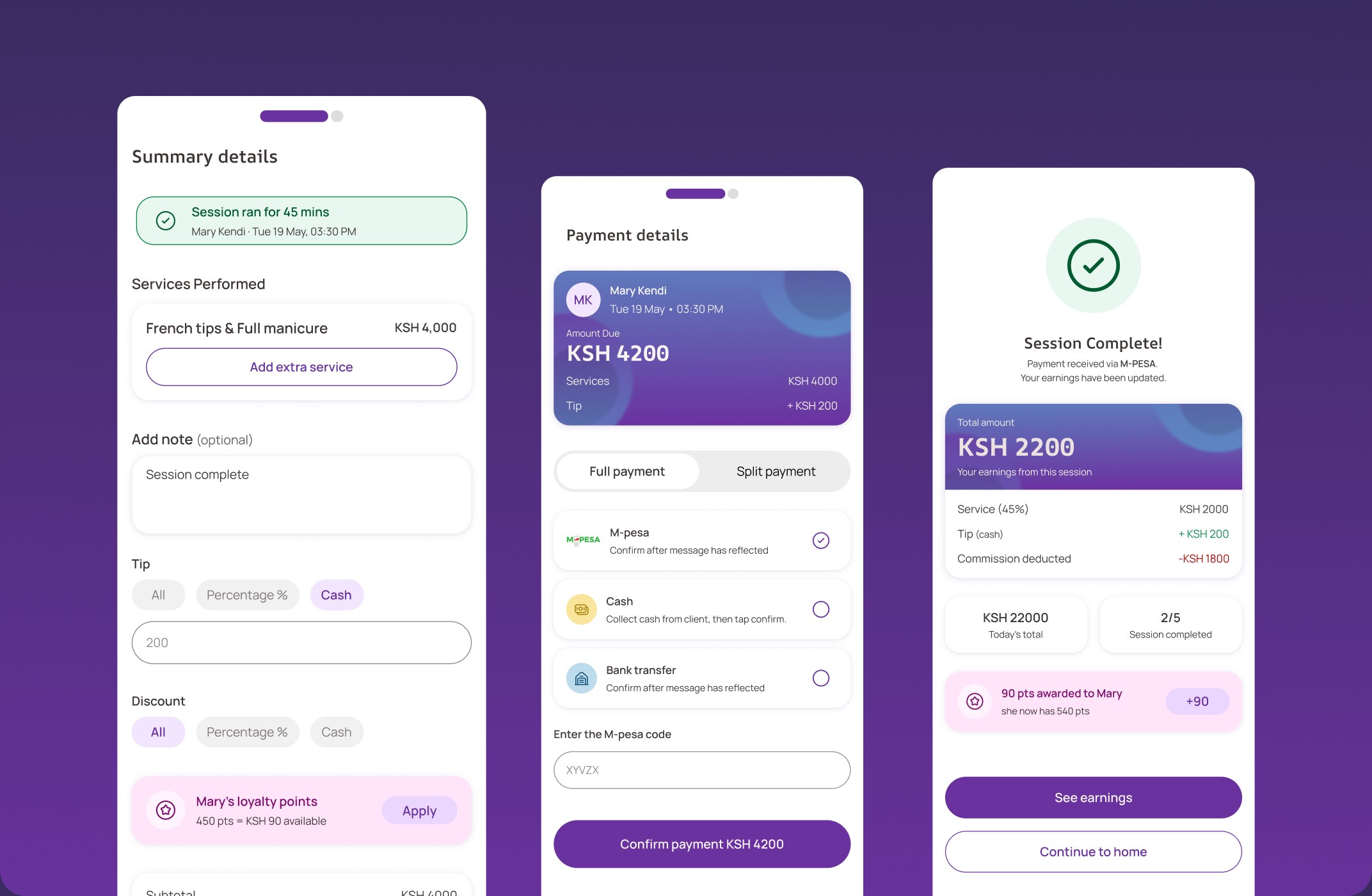 The YONA transaction flow: a Services Summary screen handling tips, discounts and loyalty points; Payment Details separating M-Pesa, cash and bank transfer; and a Success screen breaking down net earnings versus commission deducted.