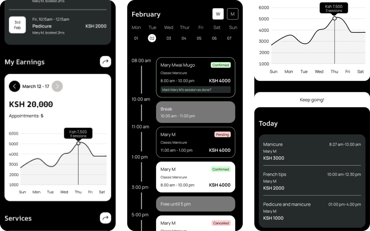 Three low-fidelity YONA wireframes: the Home dashboard, the Bookings list and the Earnings screen, sketched in greyscale to fix layout and hierarchy before visual design.