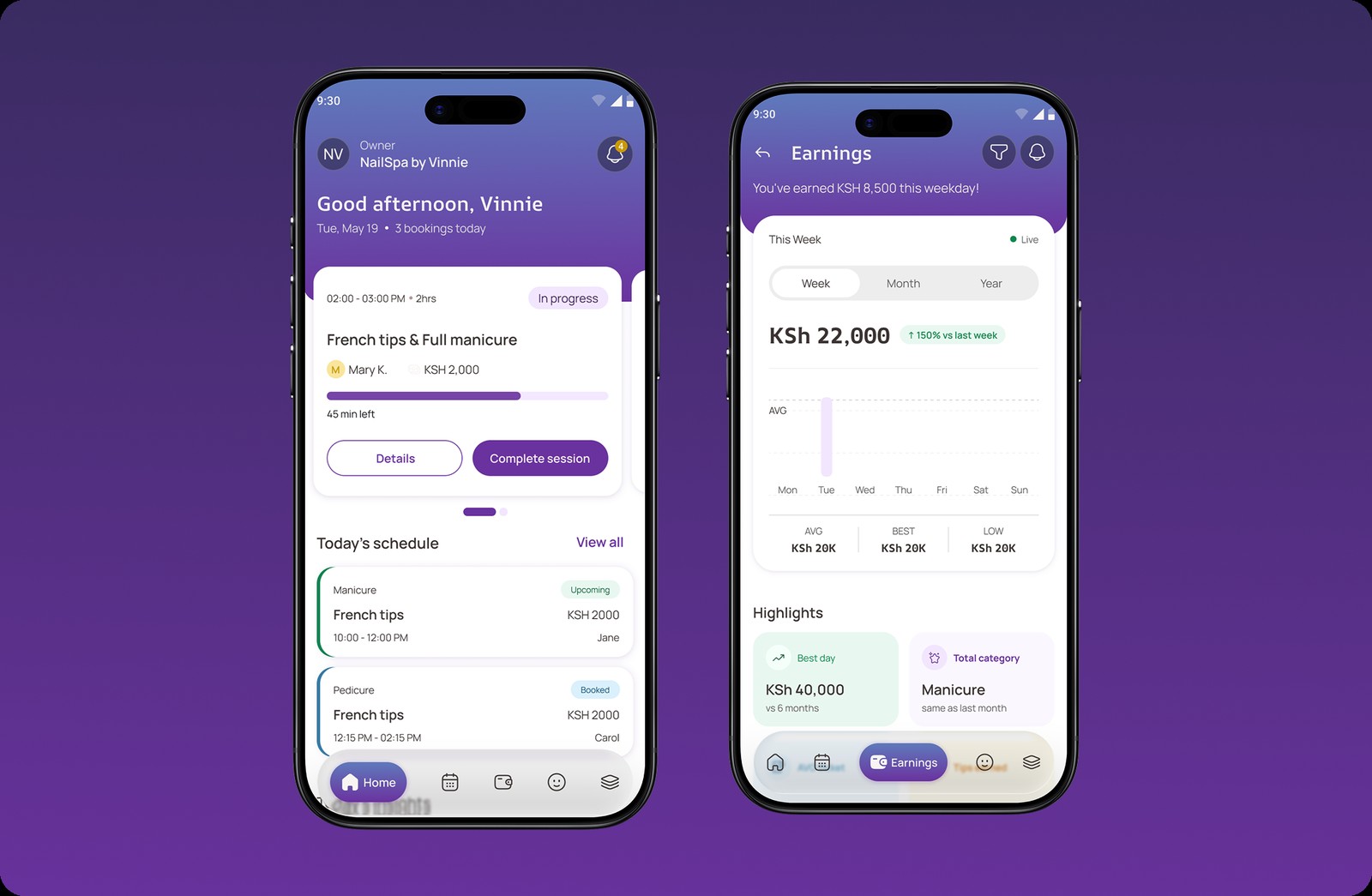 The YONA owner home screen for NailSpa by Vinnie on a purple panel: a &lsquo;Good afternoon, Vinnie&rsquo; greeting, an in-progress session card, and today&rsquo;s schedule.