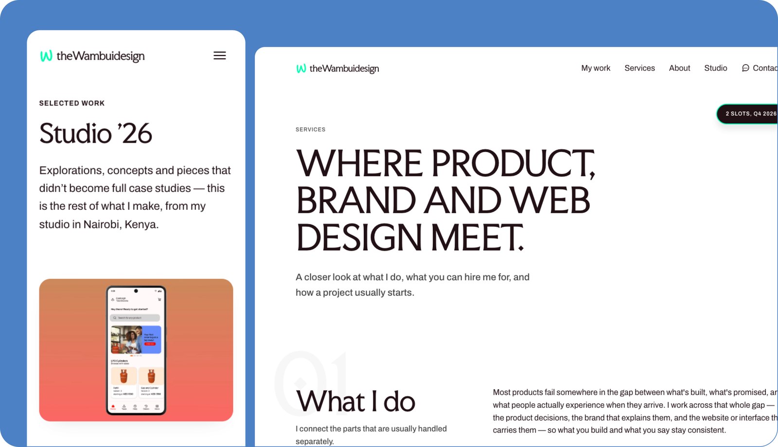 The Studio page at a narrow width beside the Services page at a wide width, showing the same type and spacing system holding across both.