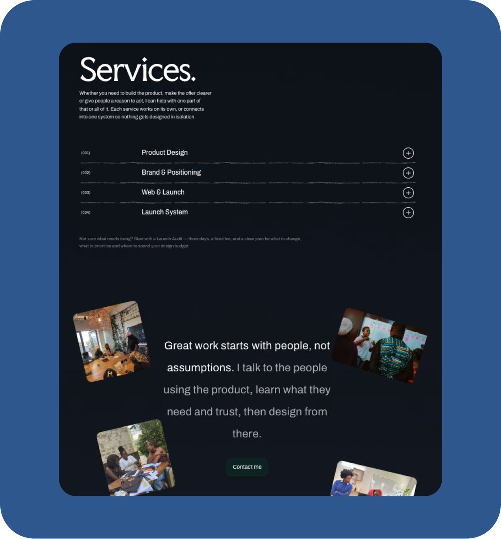 The live homepage: the Services list of four offerings, and the 'Great work starts with people, not assumptions' mid-page statement.