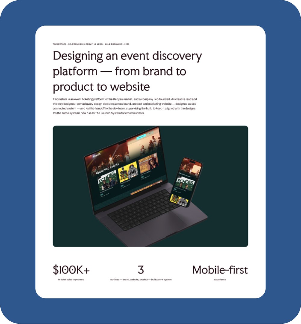 The live Tikomatata case study page: hero title, a laptop-and-phone product shot, and the $100K+, 3-surfaces and mobile-first stats.