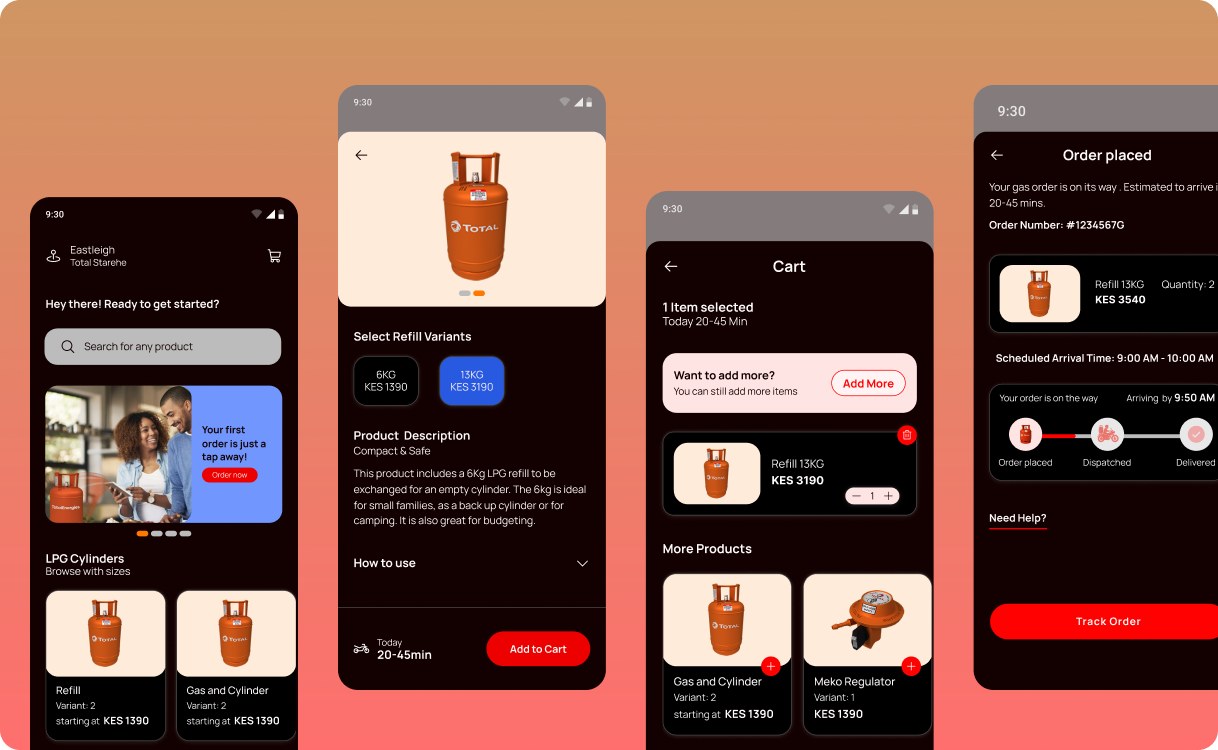 The EasyGas home, product-detail, cart and order-placed screens rendered in dark mode, using the same design-system tokens as the light-mode redesign.