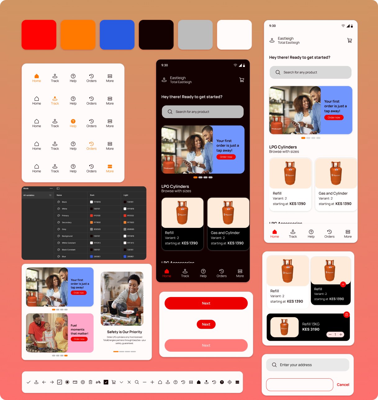 EasyGas design-system foundations: a six-swatch colour palette, five states of the bottom navigation bar, a light/dark colour-variable table, and light and dark promo-card variations for the home screen.