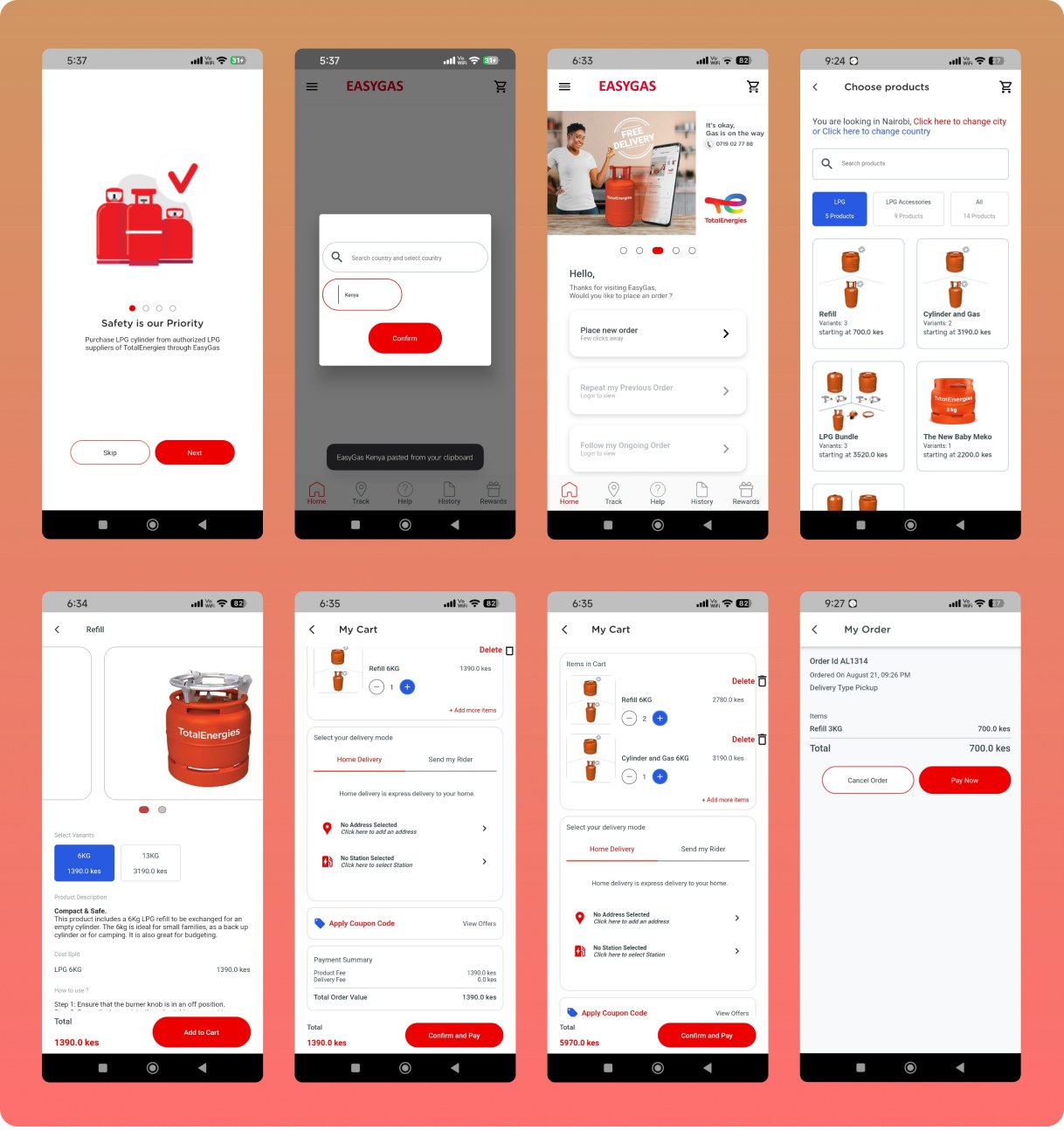 Eight screens from the current EasyGas app: a safety-first onboarding slide, a country picker, a home screen with a delivery banner, a product catalogue, a cart, two checkout screens with delivery-mode options, and an order summary.