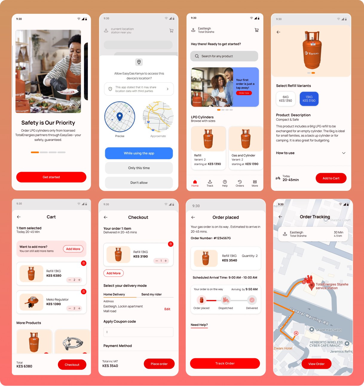 Eight screens from the EasyGas concept redesign: a Safety is Our Priority onboarding screen, a location-permission sheet, a home screen with search and cylinder sizes, a product detail page, a cart, a checkout screen, an order-placed confirmation, and a live order-tracking map.