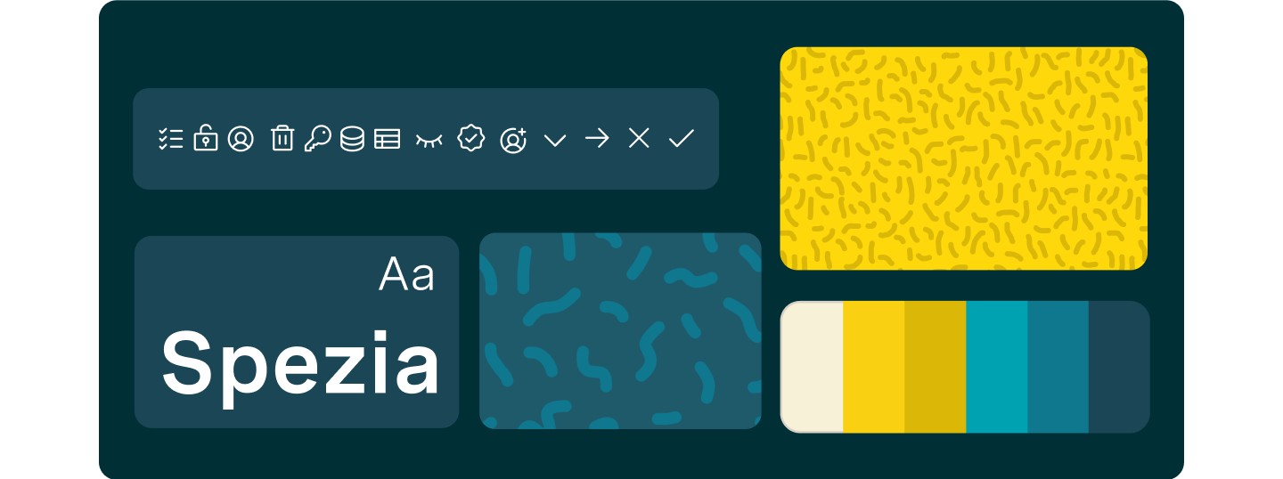 Fatima's brand system on a dark panel: an icon set, the Spezia display typeface sample, a teal squiggle pattern swatch, and a six-colour palette from cream through yellow to deep navy.