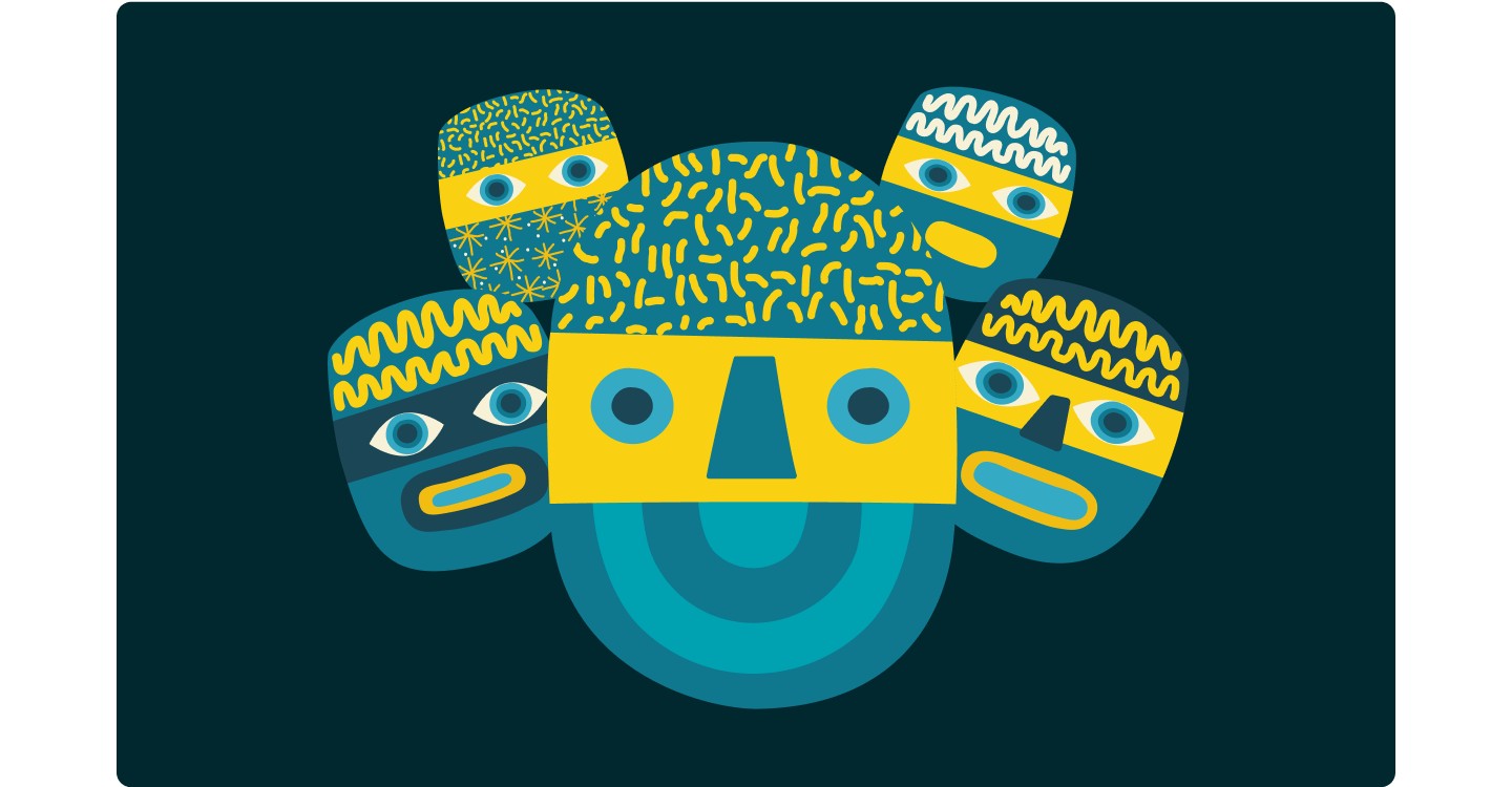 A full-width dark-navy panel featuring the site's illustrated brand mark: five patterned, masked figures arranged around a radiating teal emblem.