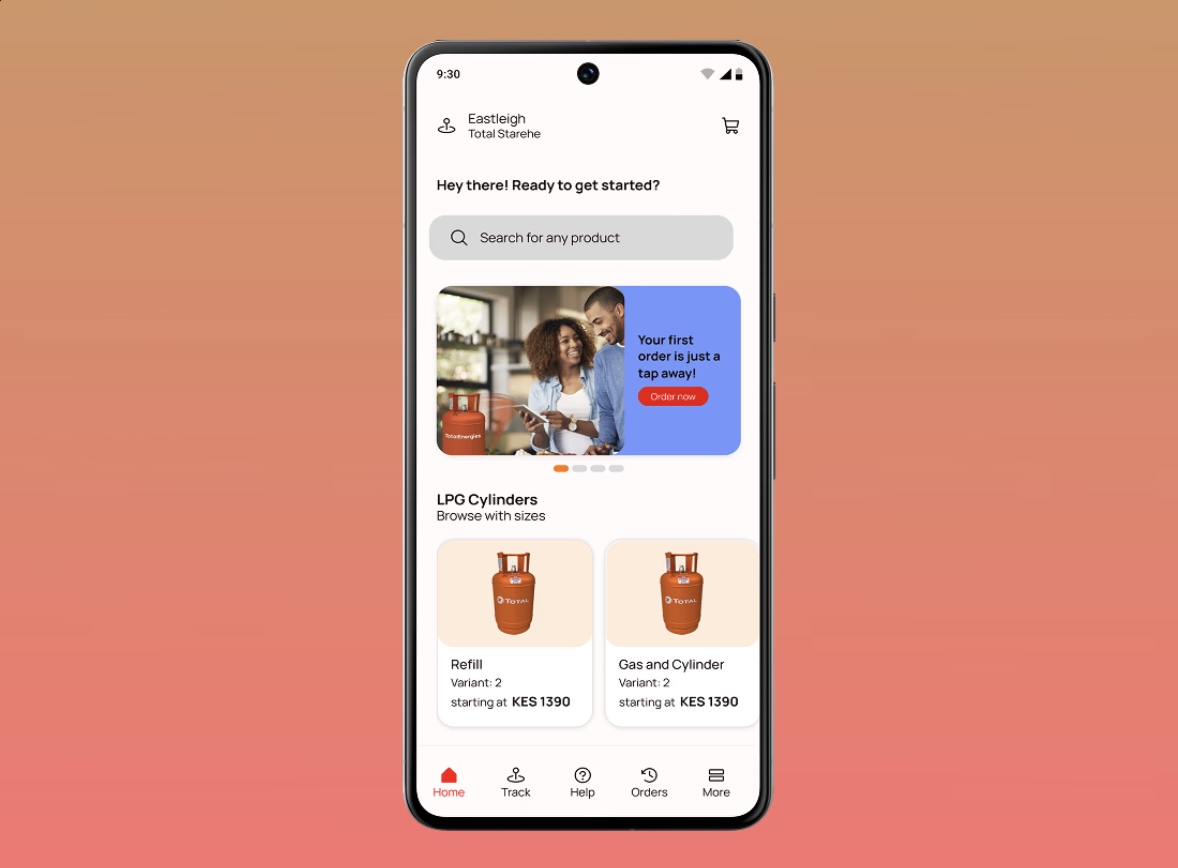 EasyGas app home screen on a phone, floating on an orange-to-red gradient.