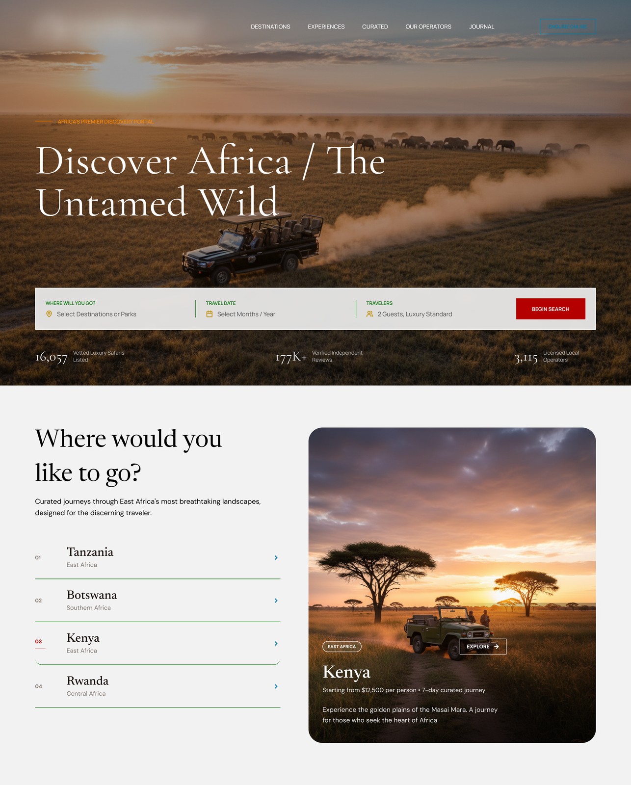 A safari-booking homepage: 'Discover Africa — The Untamed Wild.'