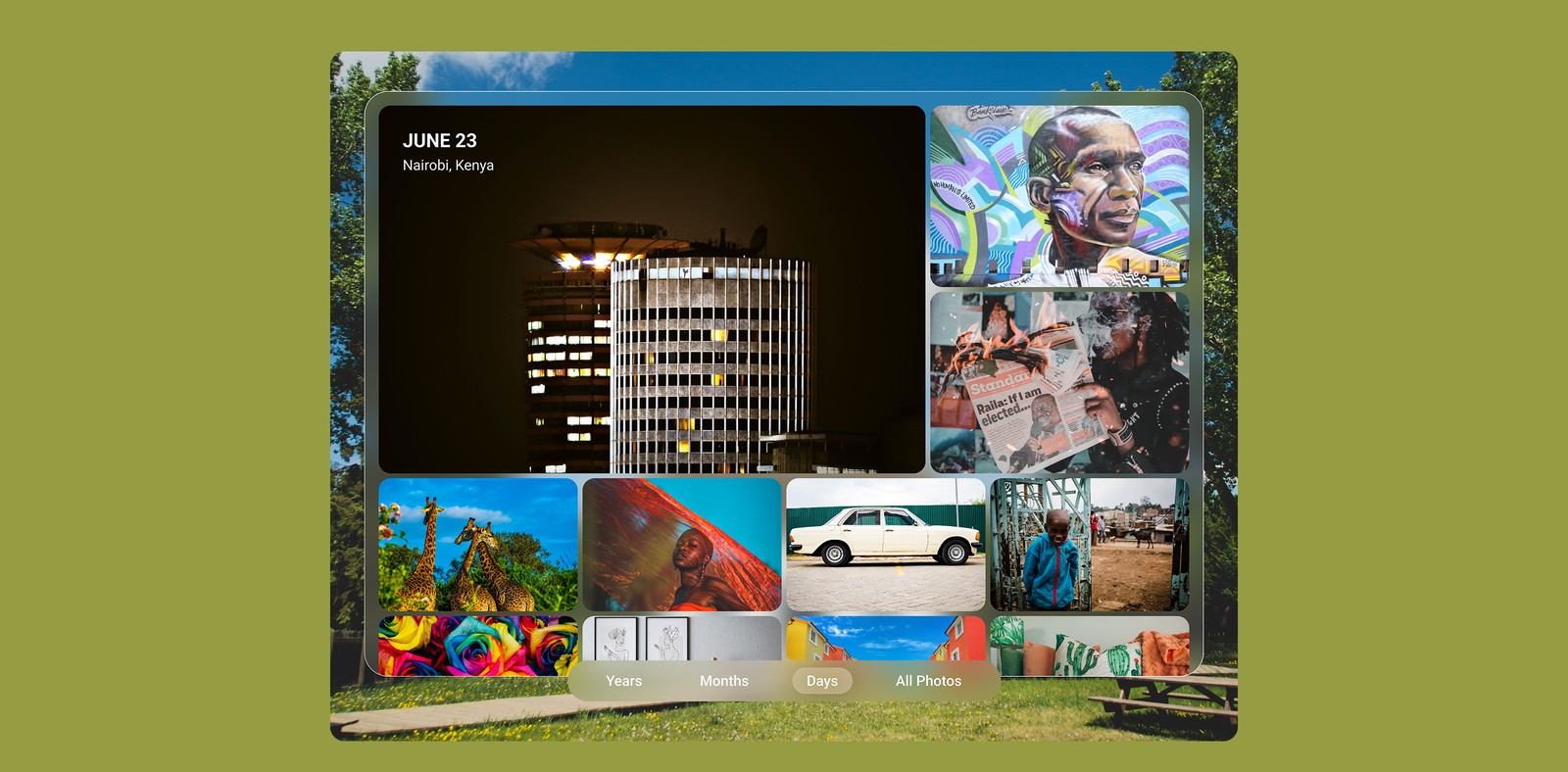 A spatial-computing interface concept: a city skyline with a floating photo grid.