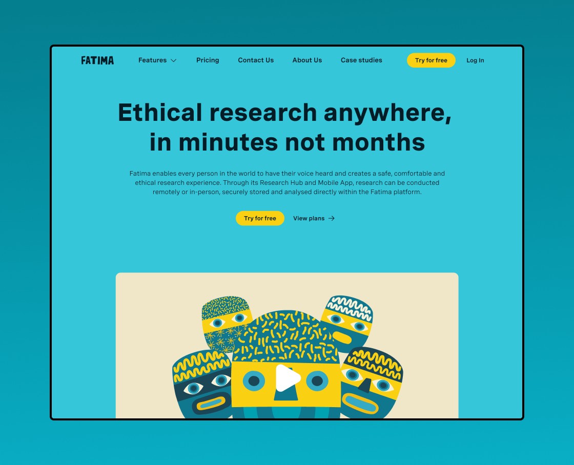 Fatima marketing site hero in a browser frame on a teal gradient: 'Ethical research anywhere, in minutes not months.'