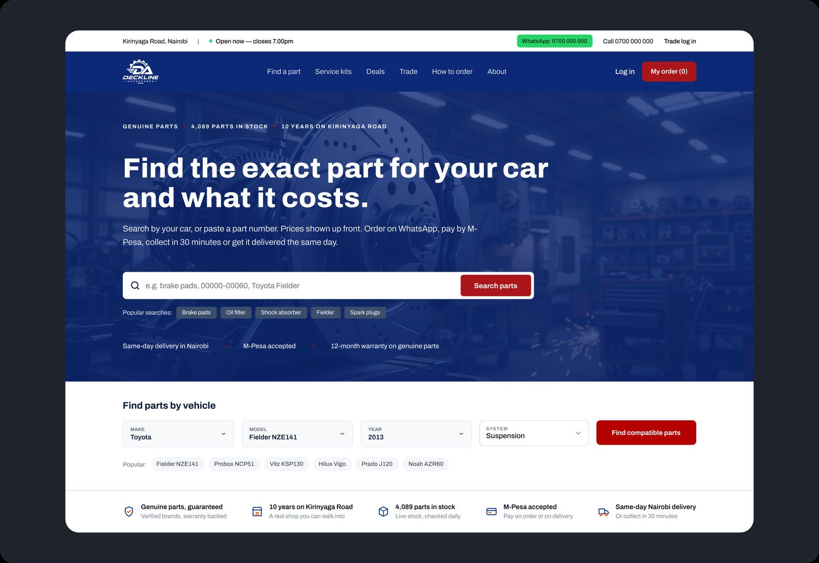 Deckline Autospares homepage in a browser frame: 'Find the exact part for your car and what it costs.'