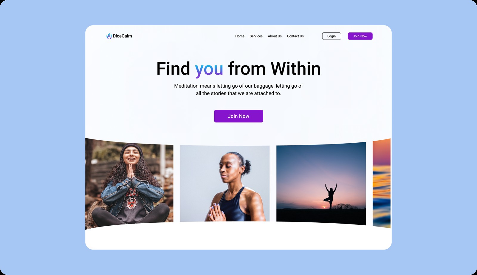 DiceCalm meditation-app homepage in a browser frame on blue: 'Find you from Within.'