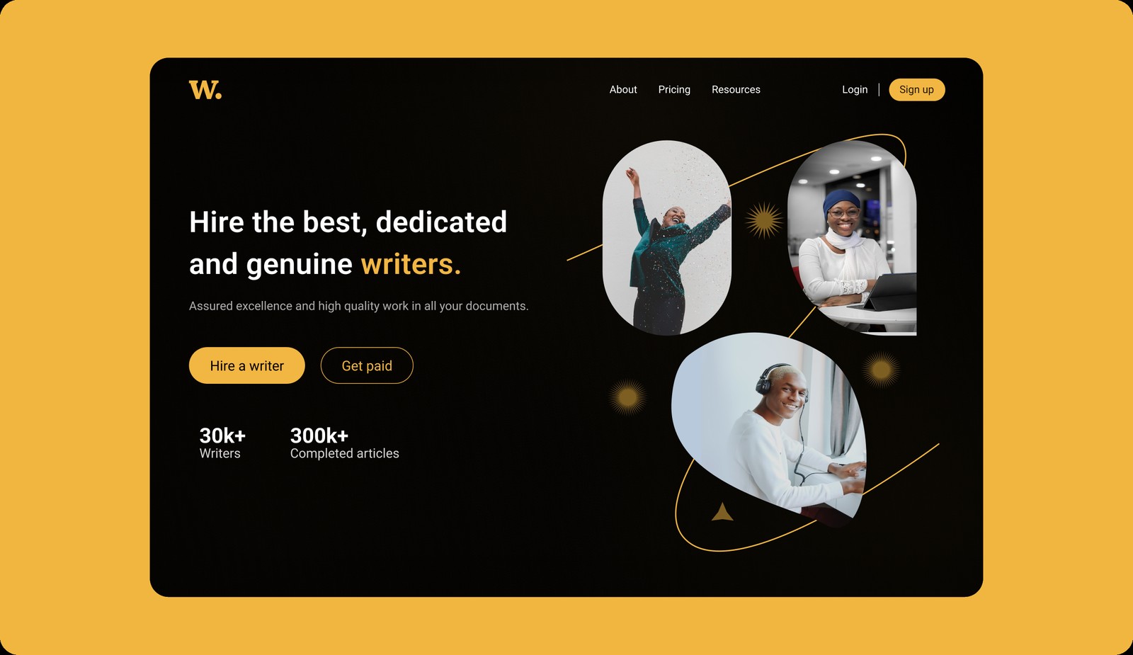Wrterr homepage hero in a browser frame on gold: 'Hire the best, dedicated and genuine writers.'