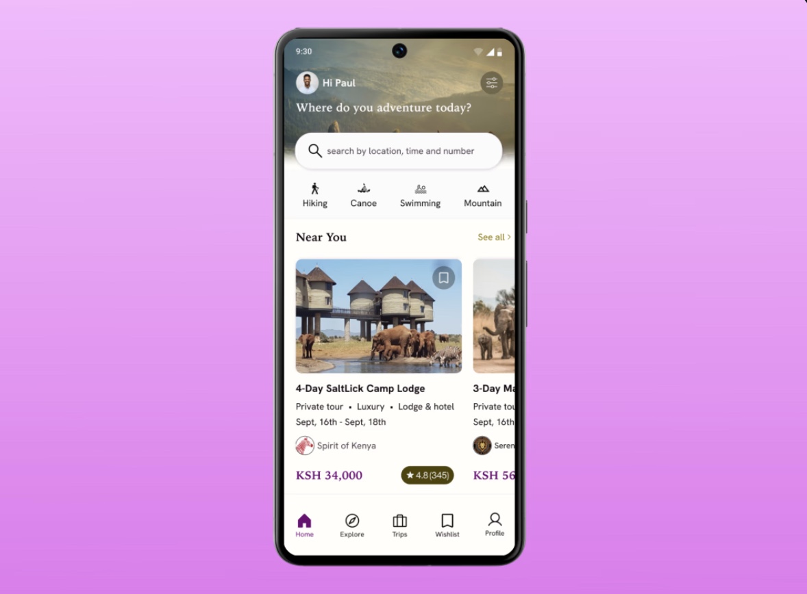 TerraTravel app home screen on a phone, floating on a purple gradient.