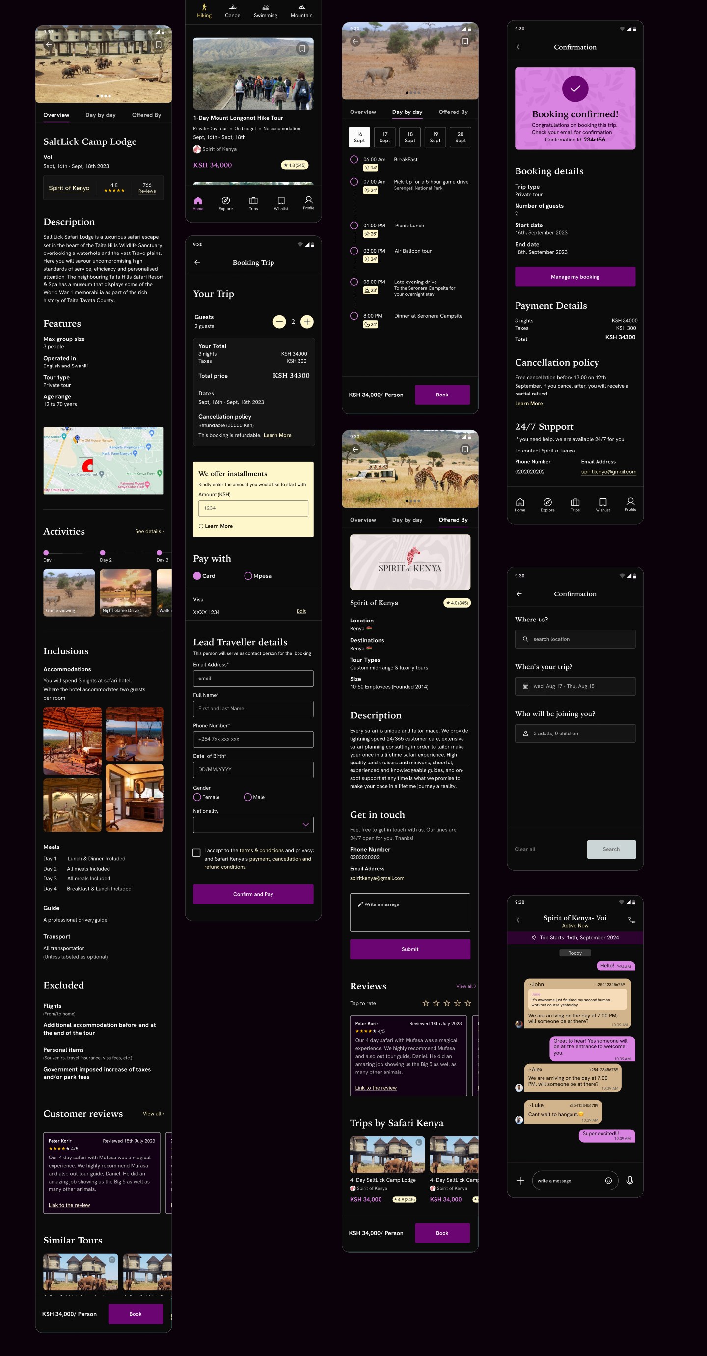 The trip-detail through booking flow: a lodge overview with description and map, a day-by-day itinerary, an operator profile with reviews, a guest and payment booking form, a booking-confirmed screen with payment details, and an in-app chat thread with the tour operator.