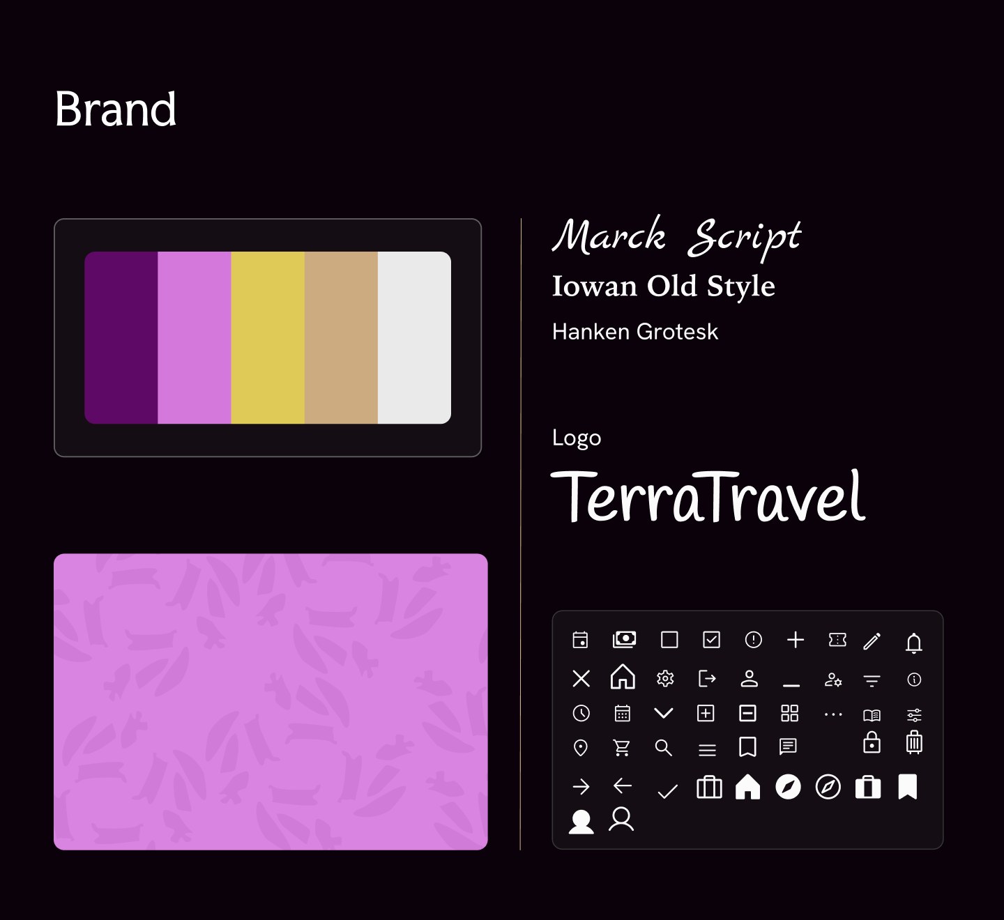 TerraTravel's brand system: a five-colour palette from deep purple to warm white, the Marck Script, Iowan Old Style and Hanken Grotesk type samples, the TerraTravel wordmark, and a full icon set.