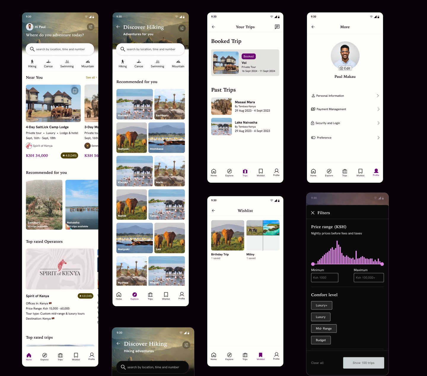 The Explore flow: a home feed of nearby and recommended safaris, a Discover Hiking results grid, the Trips tab with booked and past trips, a profile More screen, a Wishlist, and a price and comfort-level filter sheet.