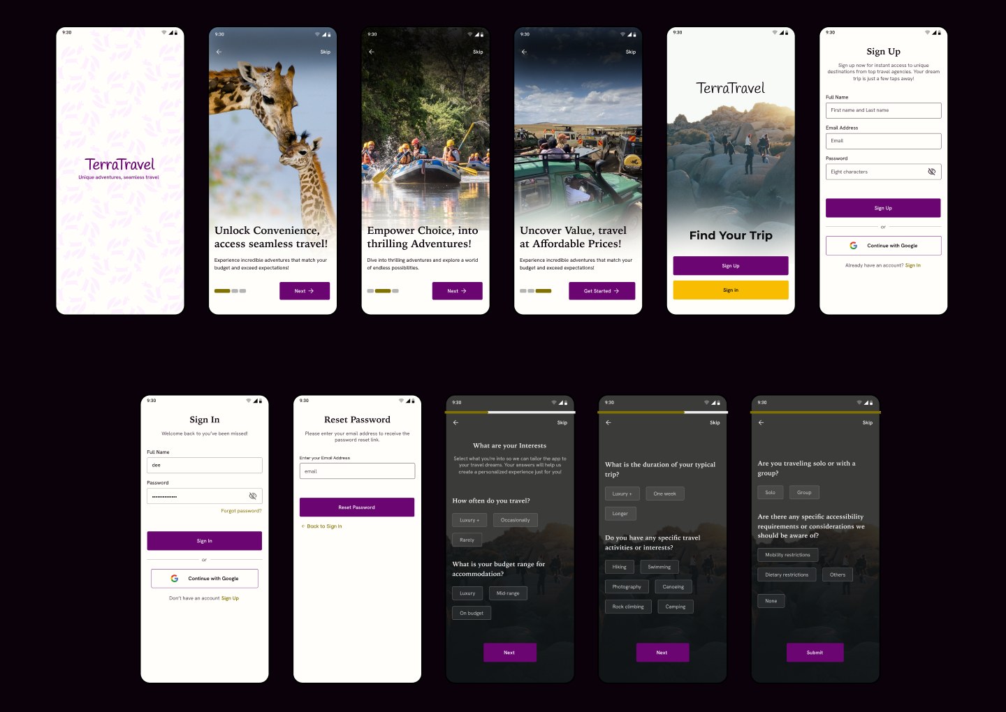 Eleven onboarding and auth screens: the TerraTravel splash pattern, three swipeable onboarding slides, a Find Your Trip screen, sign up, sign in, reset password, and three preference-quiz screens over safari photography.