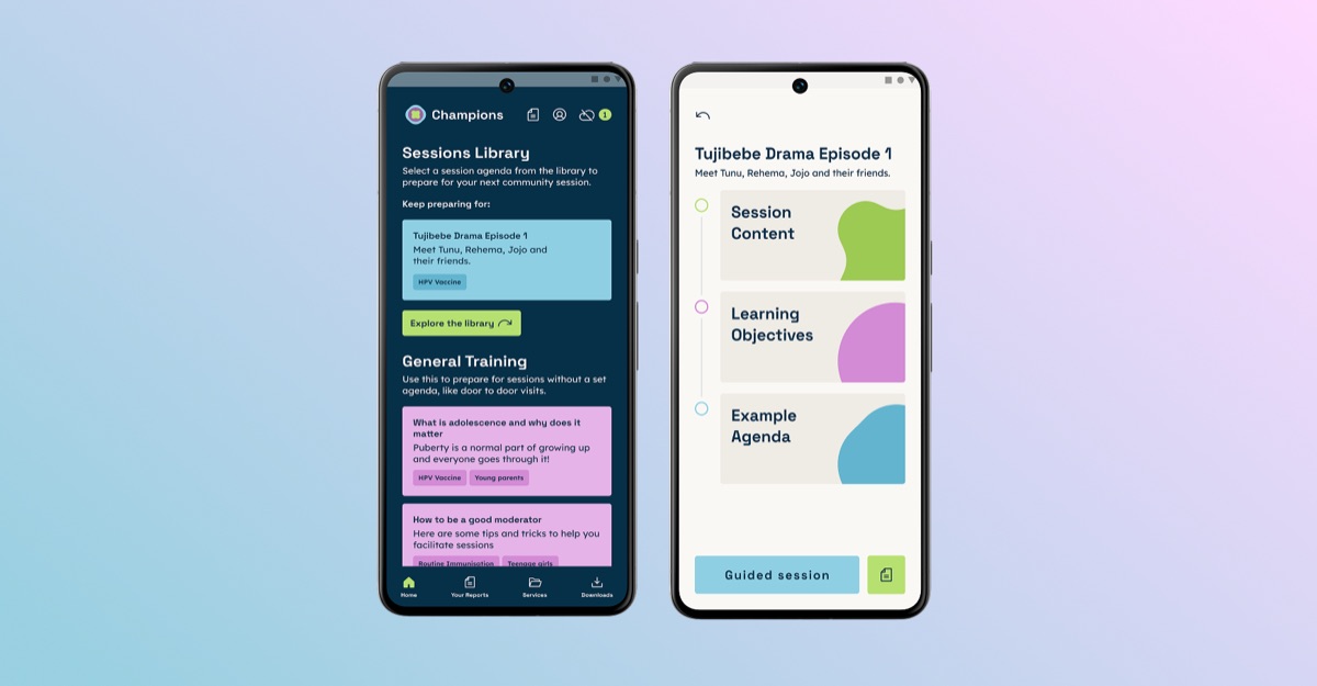 Champions community-health app on two phones, showing a sessions library and an example agenda.