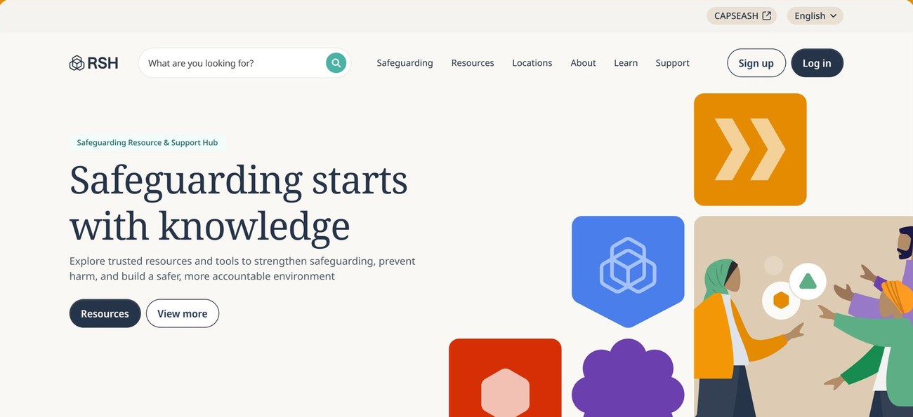 The redesigned RSH safeguarding platform homepage on a laptop-width layout, with a search-led hero and geometric brand illustration.