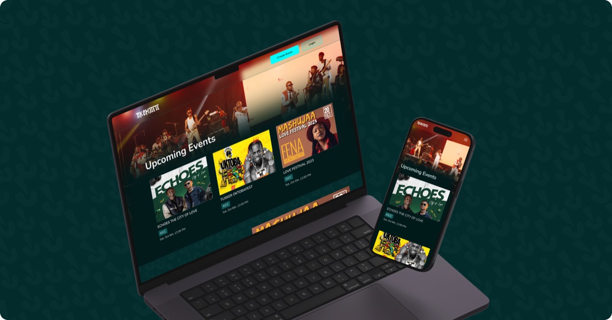 Tikomatata event app shown on a laptop and phone, listing upcoming events and festivals.
